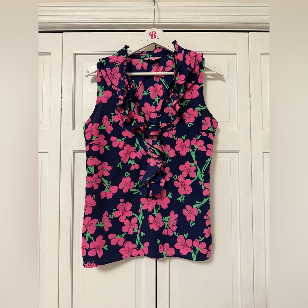 Lilly Pulitzer Allison Floral Ruffle Sleeveless Blouse V-Neck Preppy Spring - Picture 2 of 9